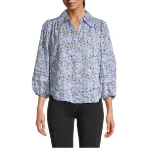 Free People Womens‎ Happy Days Floral Blouse Size L Blue Balloon Sleeve Cotton